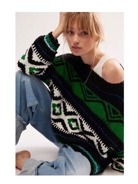 NWT Free People Wrenly Tunic Slouchy Sweater in Onyx Green Combo Large